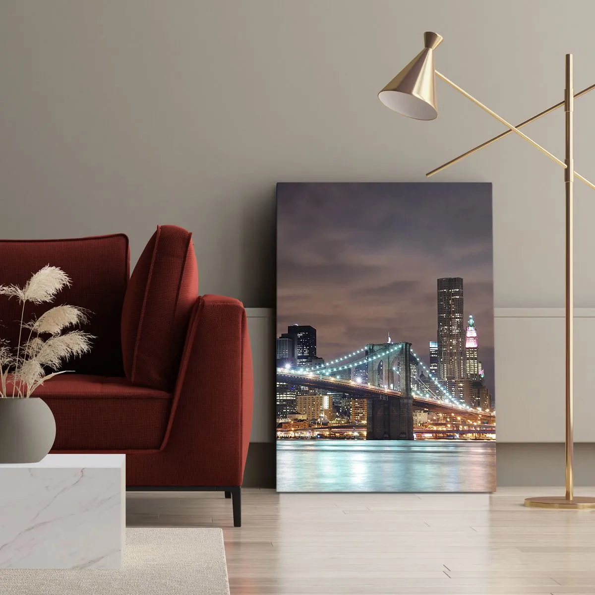 Quadro su tela - Stampe su Tela - Il ponte illuminato di notte sullo sfondo del panorama della città moderna - 80x120cm - Le luci della grande città - Decorazione murale moderna per soggiorno e camera da letto ARTTOR