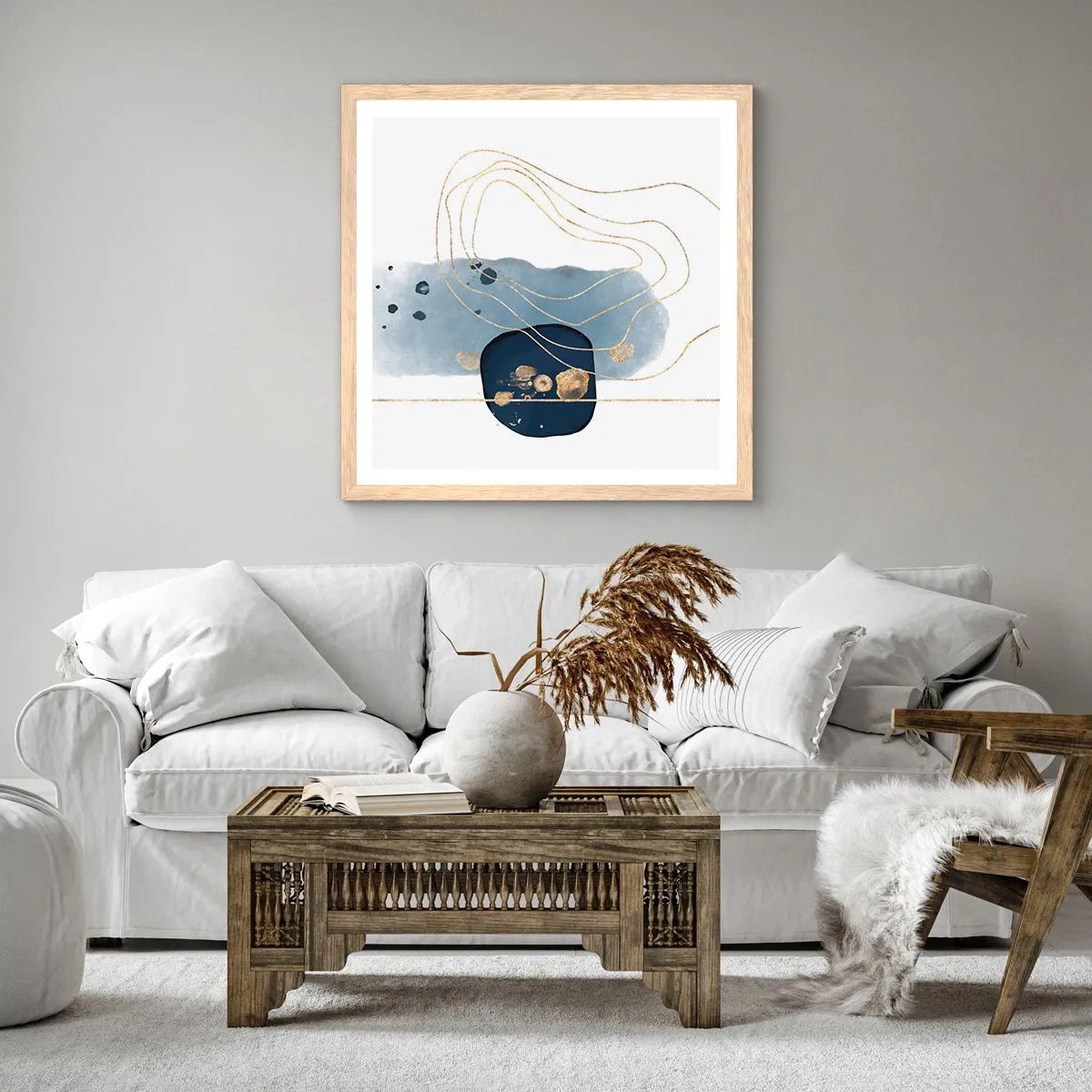 Poster in cornice rovere chiaro - Fantasia blu e oro - 30x30 cm