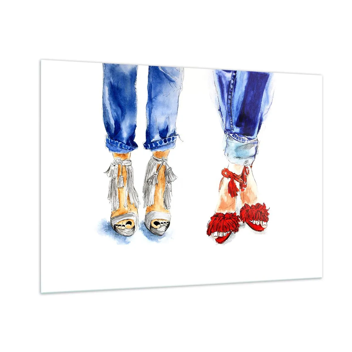 Quadro su vetro - Due scarpe eleganti sullo sfondo dei jeans - 100x70cm - Facciamo una passeggiata? - Decorazione murale moderna per soggiorno e camera da letto ARTTOR