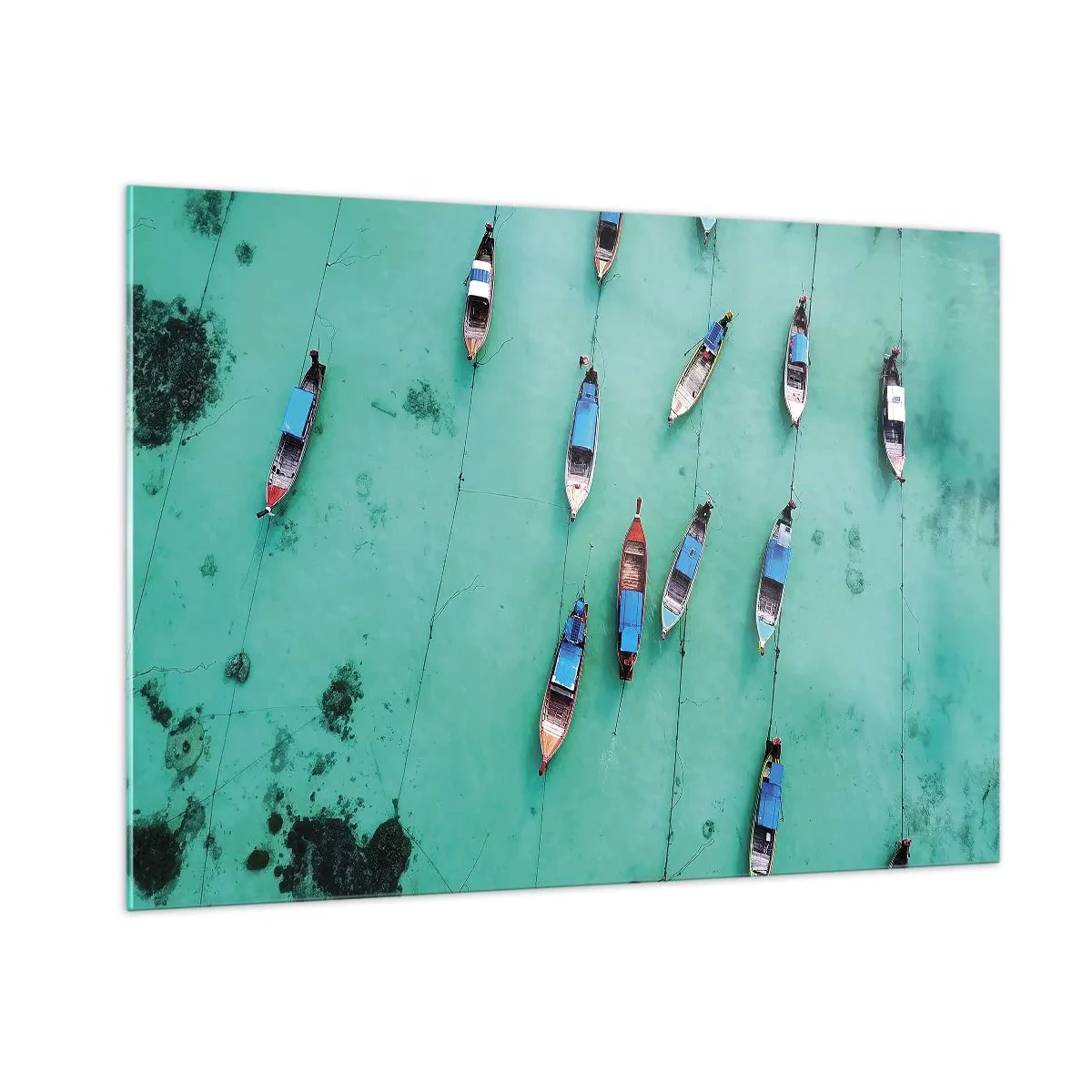 Quadro su vetro - Barche sull'acqua turchese viste dall'alto - 100x70cm - In gioiosa attesa - Decorazione murale moderna per soggiorno e camera da letto ARTTOR