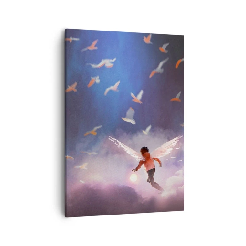 Quadro su tela - Stampe su Tela - Una figura con ali d'angelo che fluttua tra gli uccelli nel cielo - 50x70cm - Bisogna avere fantasia e coraggio - Decorazione murale moderna per soggiorno e camera da letto ARTTOR