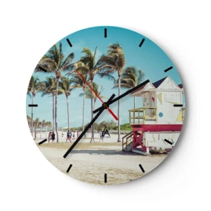 Orologio da parete - Orologio in Vetro - Miami Beach con palme e un colorato edificio del bagnino - 30x30cm - Ti aspetta una bella giornata - Decorazione murale moderna per soggiorno, cucina e camera da letto ARTTOR