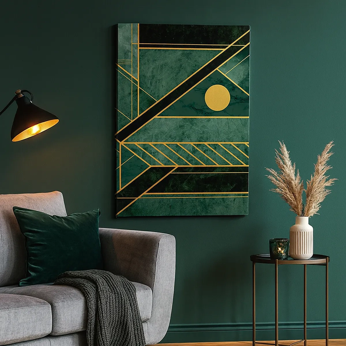 Quadro su tela - Stampe su Tela - Design geometrico verde e oro con un motivo elegante - 50x70cm - Dinamica di oro e azzurro - Decorazione murale moderna per soggiorno e camera da letto ARTTOR