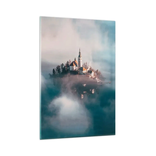 Quadro su vetro - Un'isola pittoresca con una chiesa circondata dalla nebbia - 80x120cm - L'isola dei sogni - Decorazione murale moderna per soggiorno e camera da letto ARTTOR