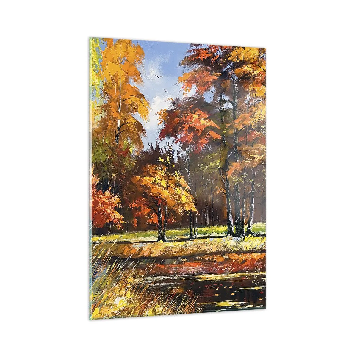 Quadro su vetro - Paesaggio autunnale con alberi e riflessi nell'acqua - 50x70cm - Paesaggio in oro e marrone - Decorazione murale moderna per soggiorno e camera da letto ARTTOR