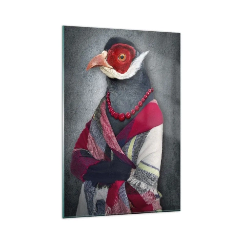 Quadro su vetro - Ritratti stilizzati di un lupo, un fagiano e un leone in abiti eleganti - 80x120cm - Che faccio io qui? - Decorazione murale moderna per soggiorno e camera da letto ARTTOR