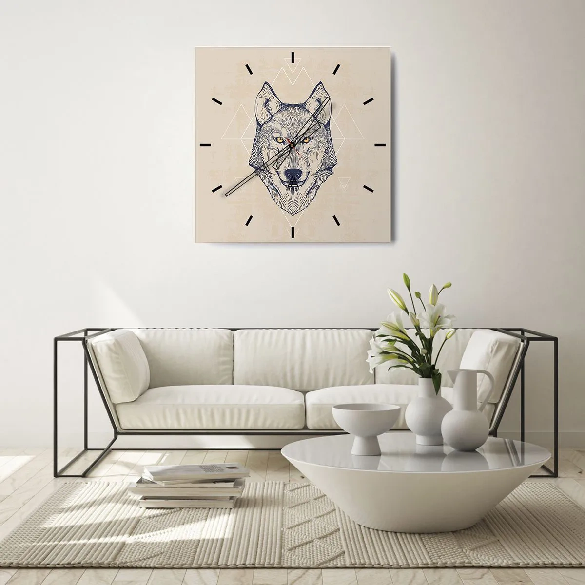 Orologio da parete - Orologio in Vetro - Un lupo geometrico su uno sfondo chiaro con motivi minimalisti. - 30x30cm - Alfa dallo sguardo penetrante - Decorazione murale moderna per soggiorno e camera da letto ARTTOR