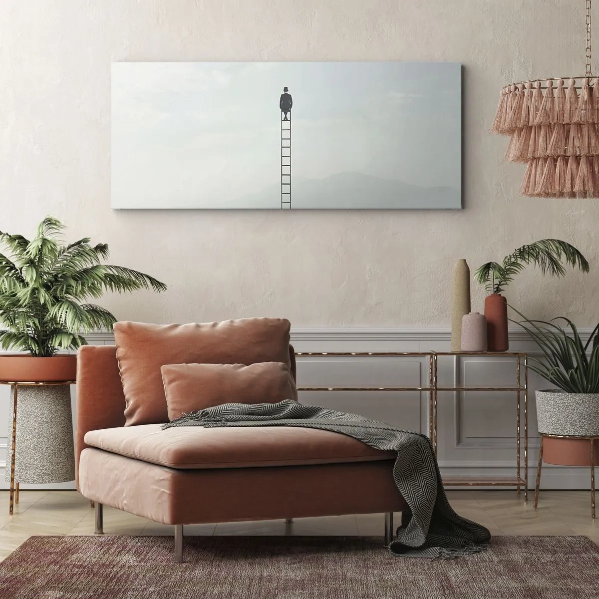 Quadro su tela - Stampe su Tela - Un uomo su una scala che sale verso il cielo - 140x50cm - Innalzati al di sopra - Decorazione murale moderna per soggiorno e camera da letto ARTTOR