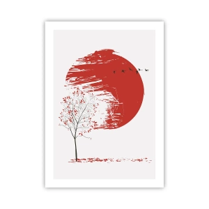 Poster - Cerchio rosso con albero e uccelli in stile minimalista - 50x70cm - Conosci questo paese? - Decorazione murale moderna per soggiorno e camera da letto ARTTOR
