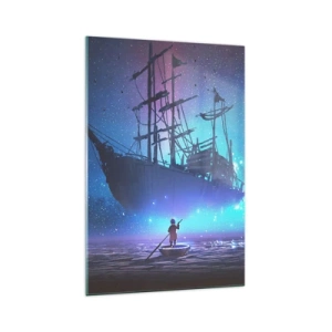 Quadro su vetro - Una nave fantastica contro il cielo stellato - 70x100cm - Incontro con il mito del mare - Decorazione murale moderna per soggiorno e camera da letto ARTTOR