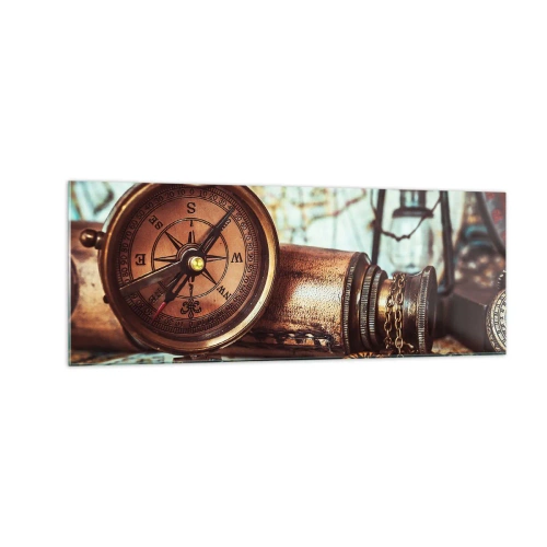 Quadro su vetro - Un set retrò con bussola, telescopio e mappa a tema viaggio - 140x50cm - Ti aspetta l'avventura dei pirati dei Caraibi - Decorazione murale moderna per soggiorno e camera da letto ARTTOR