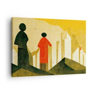 Quadro su tela - Stampe su Tela - Silhouette geometriche in rosso e verde su sfondo giallo - 70x50cm - La strada è ancora lunga - Decorazione murale moderna per soggiorno e camera da letto ARTTOR