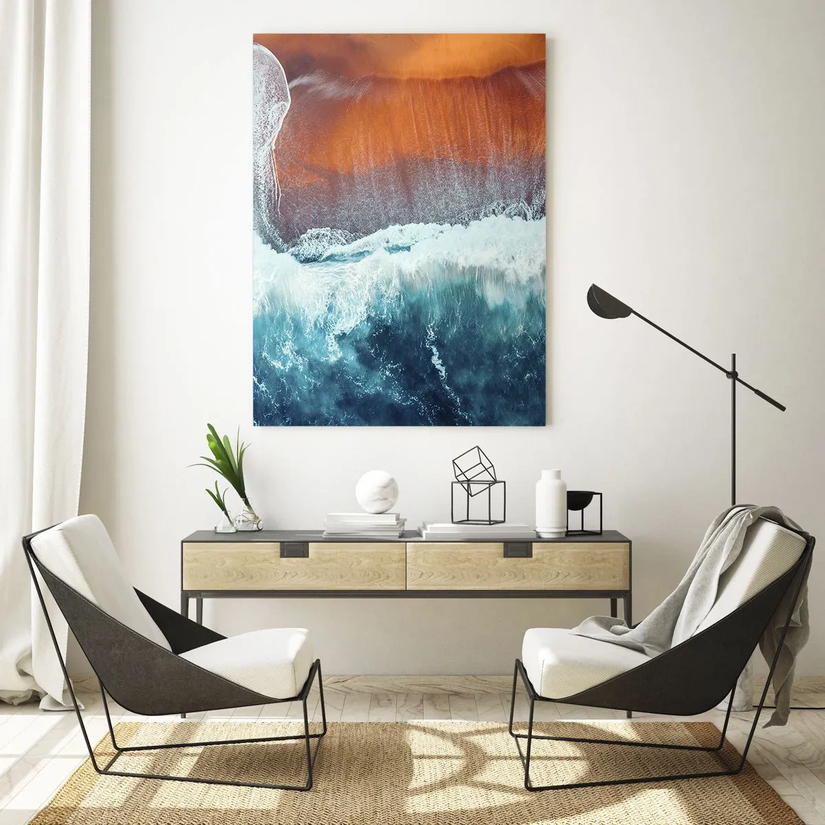 Quadro su vetro - Una vista delle onde dell'oceano che si infrangono sulla spiaggia dorata - 80x120cm - Il tocco dell'oceano - Decorazione murale moderna per soggiorno e camera da letto ARTTOR