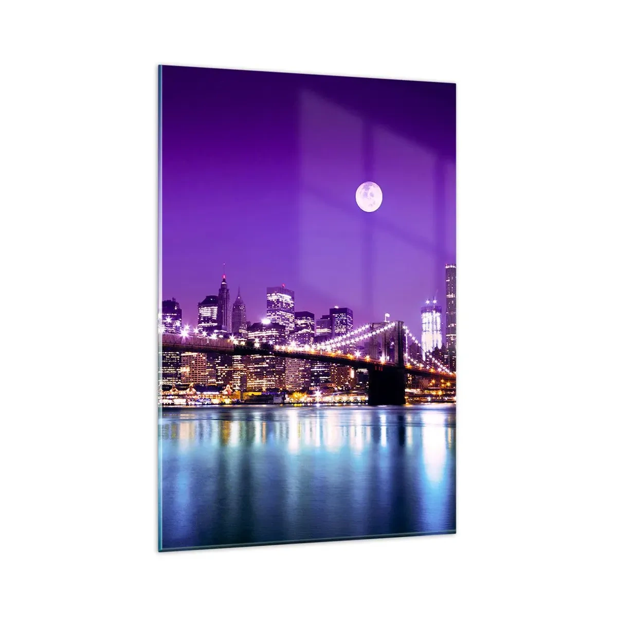 Quadro su vetro - Ponte di Brooklyn di notte con la città illuminata e la luna piena - 80x120cm - Luce della grande città in viola - Decorazione murale moderna per soggiorno e camera da letto ARTTOR