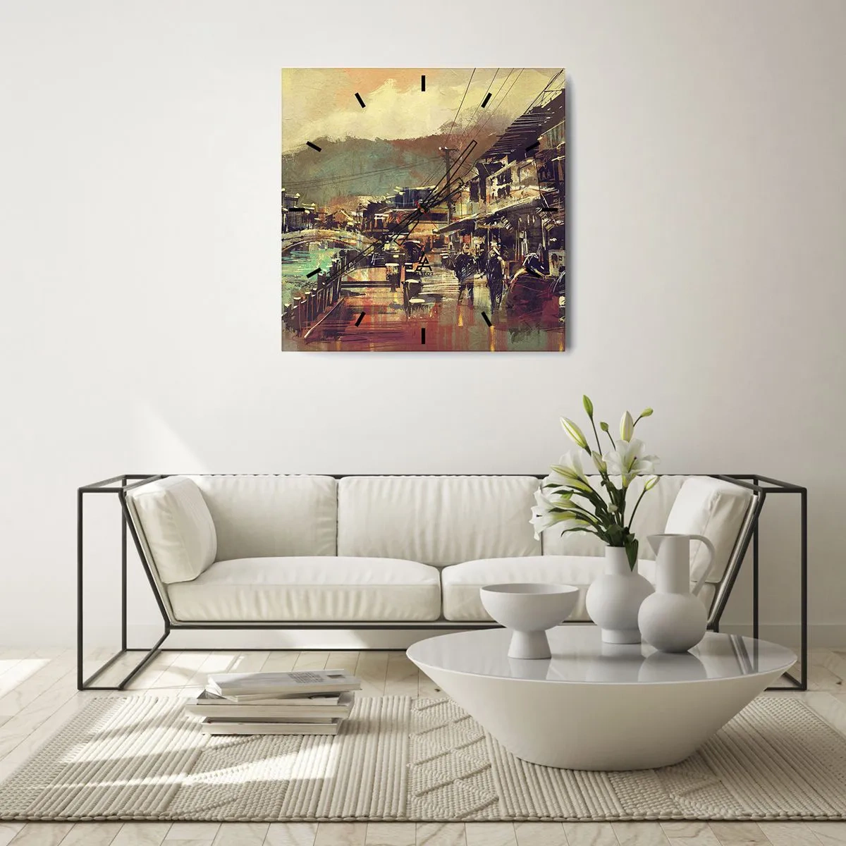 Orologio da parete - Orologio in Vetro - Una città con un ponte e strade dallo stile artistico - 30x30cm - La vita come ricchezza di grigio - Decorazione murale moderna per soggiorno e camera da letto ARTTOR