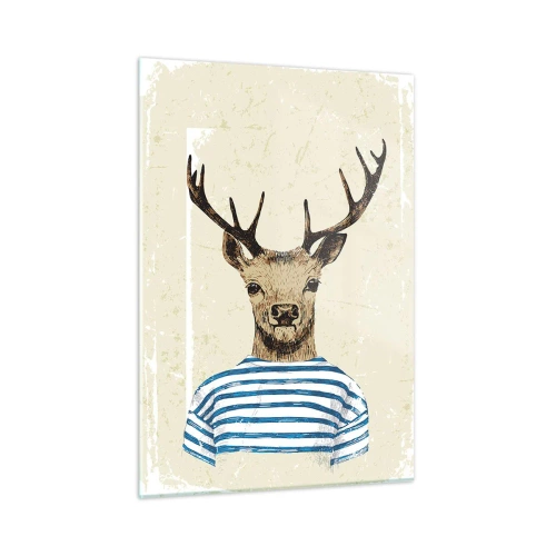 Quadro su vetro - Grafica di un cervo con una camicia da marinaio su uno sfondo chiaro - 50x70cm - Mi piacciono le camicie a righe! - Decorazione murale moderna per soggiorno e camera da letto ARTTOR