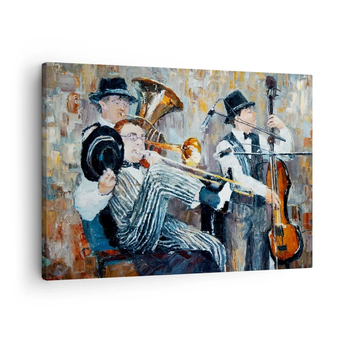 Quadro su tela - Stampe su Tela - Musicisti jazz in stile pittorico durante un concerto - 70x50cm - Tutto il jazz - Decorazione murale moderna per soggiorno e camera da letto ARTTOR