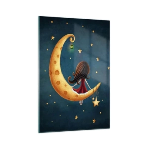 Quadro su vetro - Una ragazza sulla luna circondata dalle stelle - 70x100cm - Una volta... - Decorazione murale moderna per soggiorno e camera da letto ARTTOR