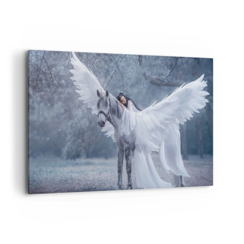 Quadro su tela - Stampe su Tela - Una donna su un cavallo bianco con le ali in una foresta magica - 120x80cm - Momento ispirato - Decorazione murale moderna per soggiorno e camera da letto ARTTOR