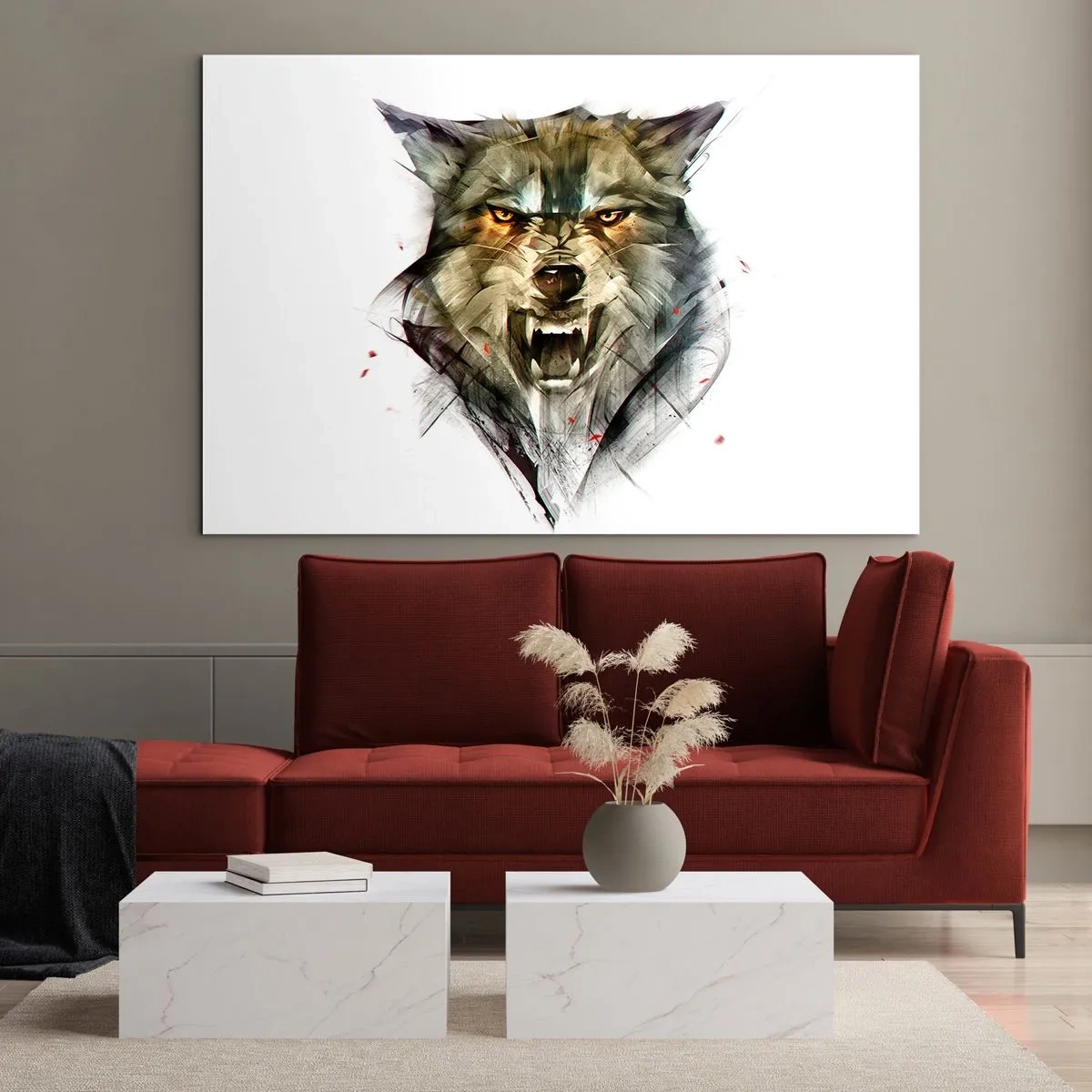 Quadro su vetro - Un'immagine di un lupo minaccioso con la bocca aperta e uno sguardo intenso - 120x80cm - Non si passa! - Decorazione murale moderna per soggiorno e camera da letto ARTTOR