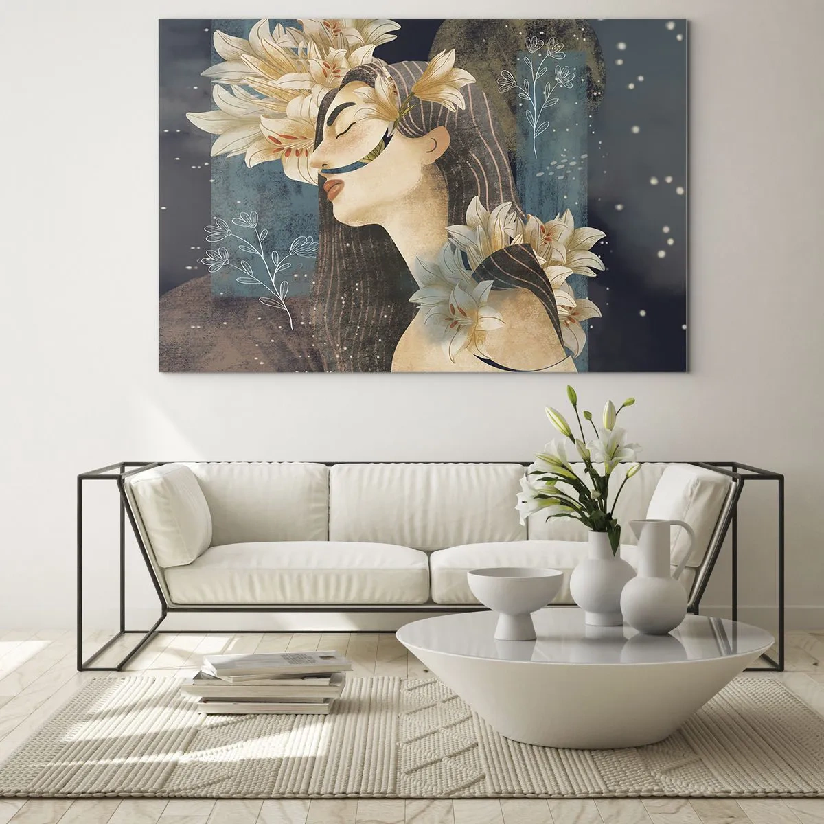 Quadro su vetro - Una figura femminile con gigli in stile fiabesco - 120x80cm - La favola della principessa con i gigli - Decorazione murale moderna per soggiorno e camera da letto ARTTOR