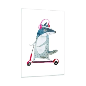 Quadro su vetro - Tasso con le cuffie su uno scooter per acquerelli - 50x70cm - Tassi di gioia - Decorazione murale moderna per soggiorno e camera da letto ARTTOR