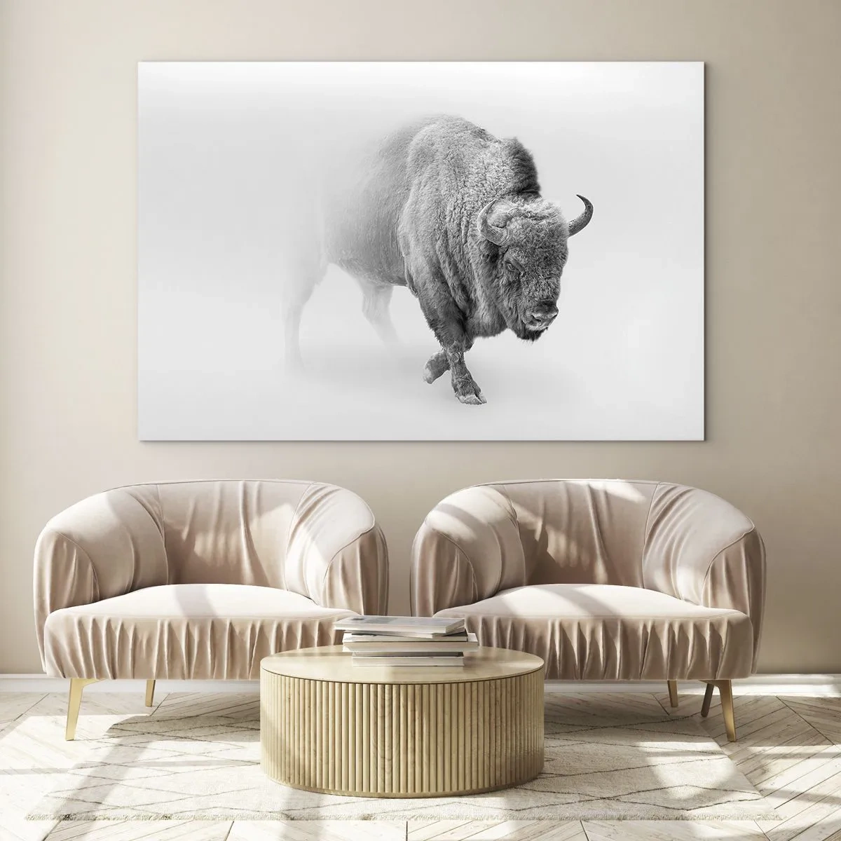 Quadro su vetro - Illustrazione in bianco e nero di un maestoso bisonte - 70x50cm - Il re della prateria - Decorazione murale moderna per soggiorno e camera da letto ARTTOR