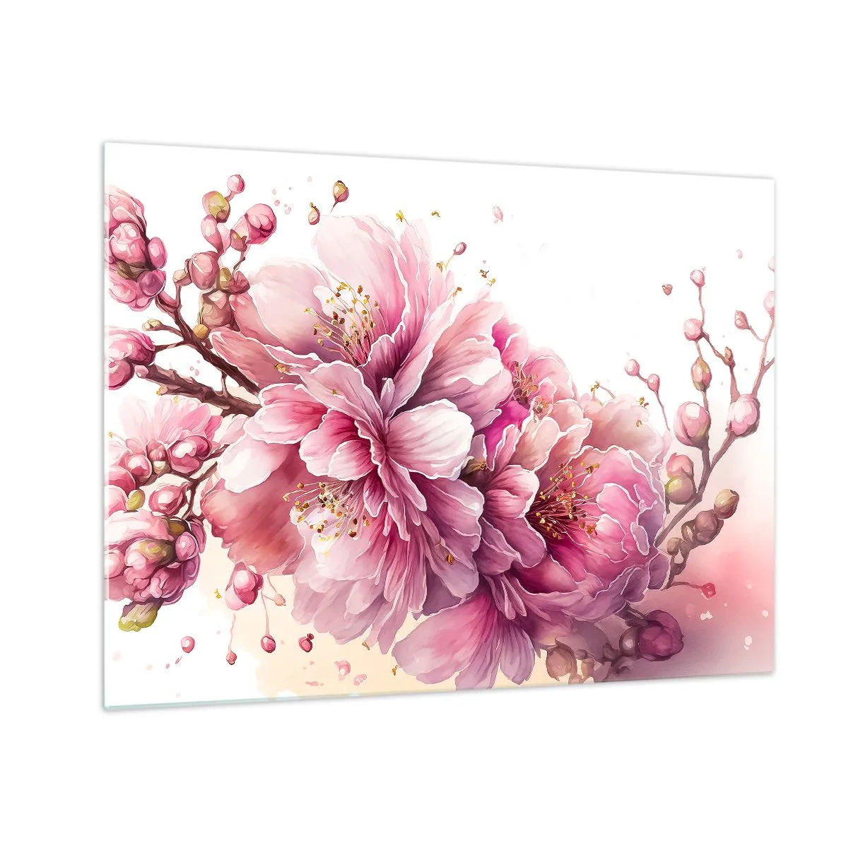 Quadro su vetro - Fiori di ciliegio rosa in piena fioritura su uno sfondo chiaro - 70x50cm - Fiore di ciliegio - Decorazione murale moderna per soggiorno e camera da letto ARTTOR