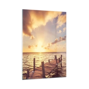 Quadro su vetro - Un molo di legno sullo sfondo del sole al tramonto - 50x70cm - Il paese dorato della mitezza - Decorazione murale moderna per soggiorno e camera da letto ARTTOR