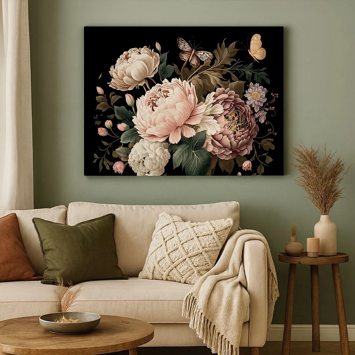 Quadro su tela - Stampe su Tela - Un bouquet di fiori rosa e farfalle su uno sfondo nero - 70x50cm - In stile barocco - Decorazione murale moderna per soggiorno e camera da letto ARTTOR