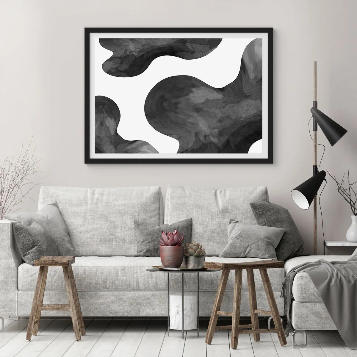 Poster in cornice nera - Motivo astratto nei toni del grigio e del bianco - 70x50cm - Via Lattea - Decorazione murale moderna per soggiorno e camera da letto ARTTOR