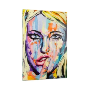 Quadro su vetro - Un ritratto colorato di una donna con un'espressione pensierosa - 50x70cm - Guardala dritto negli occhi - Decorazione murale moderna per soggiorno e camera da letto ARTTOR