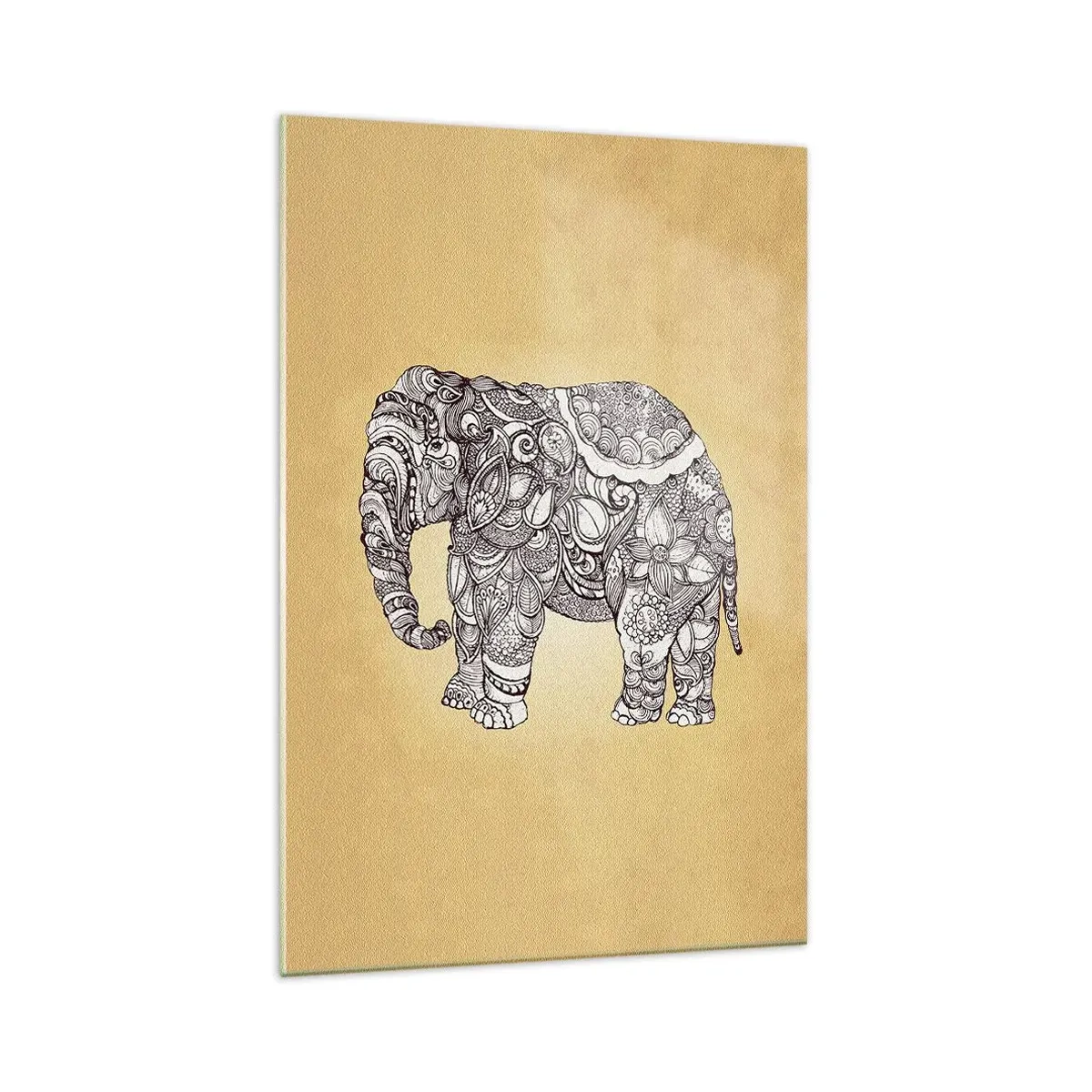 Quadro su vetro - Elefante disegnato a mano con motivo ornamentale su sfondo beige - 70x100cm - L'elefante nascosto - Decorazione murale moderna per soggiorno e camera da letto ARTTOR