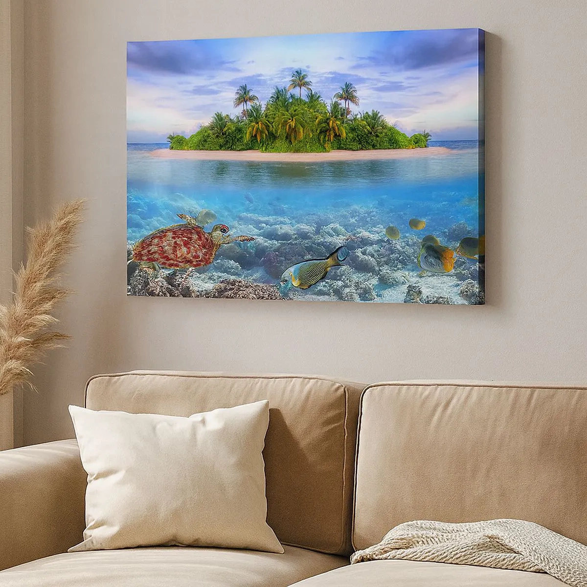Quadro su tela - Stampe su Tela - Un'isola tropicale circondata da un oceano turchese con una barriera corallina e pesci. - 70x50cm - L'isola del paradiso dà il benvenuto - Decorazione murale moderna per soggiorno e camera da letto ARTTOR