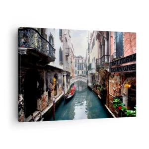 Quadro su tela - Stampe su Tela - Un canale a Venezia con una gondola ed edifici storici - 70x50cm - Paesaggio veneziano con gondola e ponte - Decorazione murale moderna per soggiorno e camera da letto ARTTOR