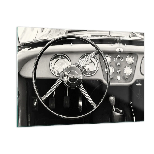 Quadro su vetro - Il volante e gli orologi di un'auto d'epoca in seppia - 120x80cm - Il sogno del collezionista - Decorazione murale moderna per soggiorno e camera da letto ARTTOR