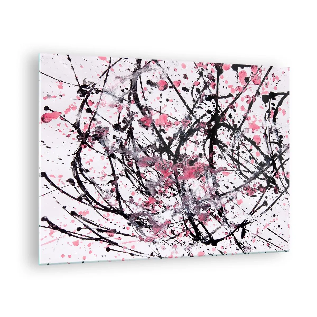 Quadro su vetro - Linee astratte dinamiche e macchie rosa su sfondo bianco - 70x50cm - La natura passeggera della vita - Decorazione murale moderna per soggiorno e camera da letto ARTTOR