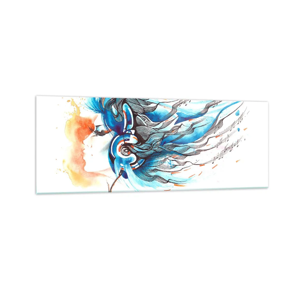 Quadro su vetro - Grafica artistica di una donna che indossa cuffie con accenti musicali - 140x50cm - Che suoni la musica - Decorazione murale moderna per soggiorno e camera da letto ARTTOR