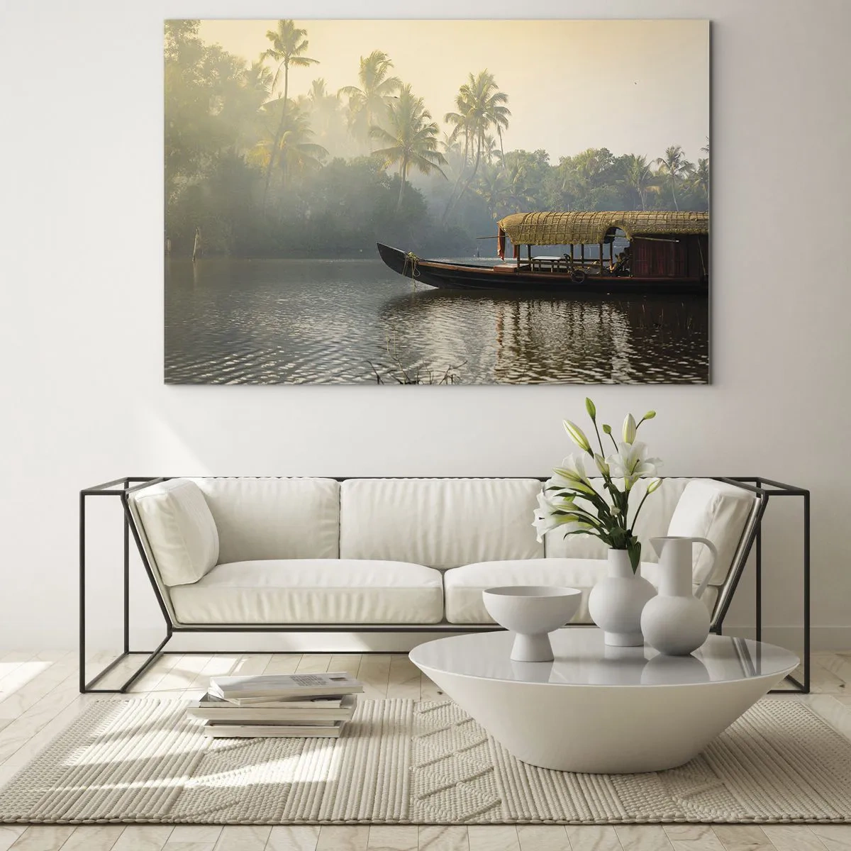 Quadro su vetro - Una barca su un fiume calmo circondata da palme al mattino - 100x70cm - Casa sul fiume - Decorazione murale moderna per soggiorno e camera da letto ARTTOR