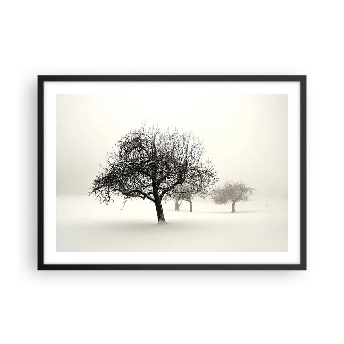 Poster in cornice nera - Alberi in un campo innevato circondato dalla nebbia - 70x50cm - Sogno invernale - Decorazione murale moderna per soggiorno e camera da letto ARTTOR