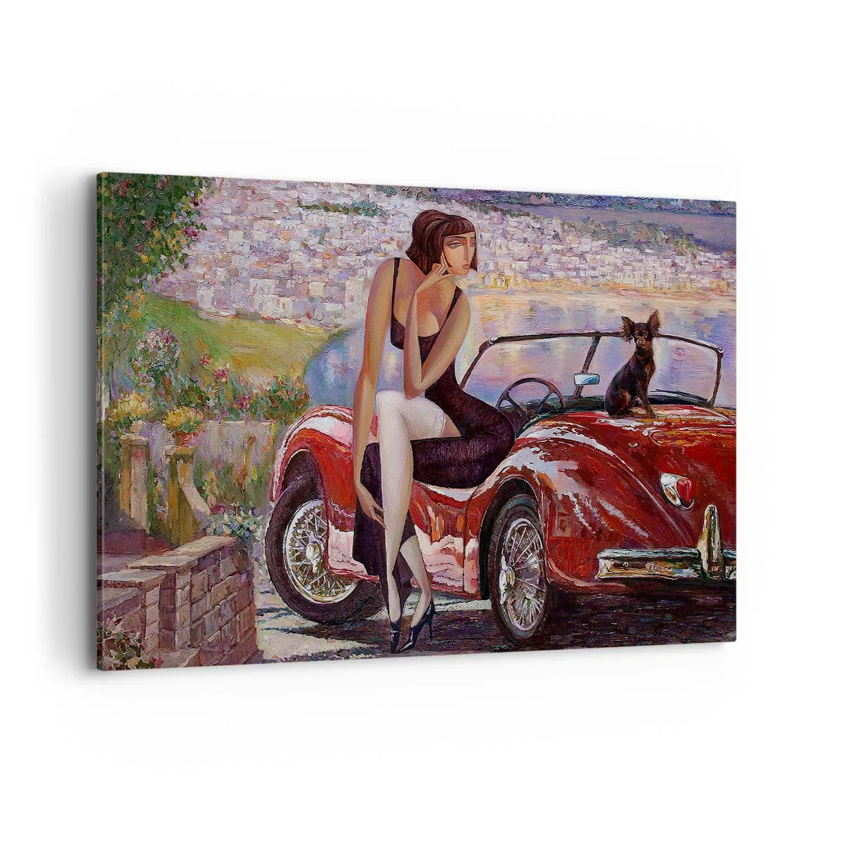 Quadro su tela - Stampe su Tela - Una donna vicino a un'auto rossa con una città sullo sfondo - 120x80cm - Estate? Solo sulla Riviera - Decorazione murale moderna per soggiorno e camera da letto ARTTOR