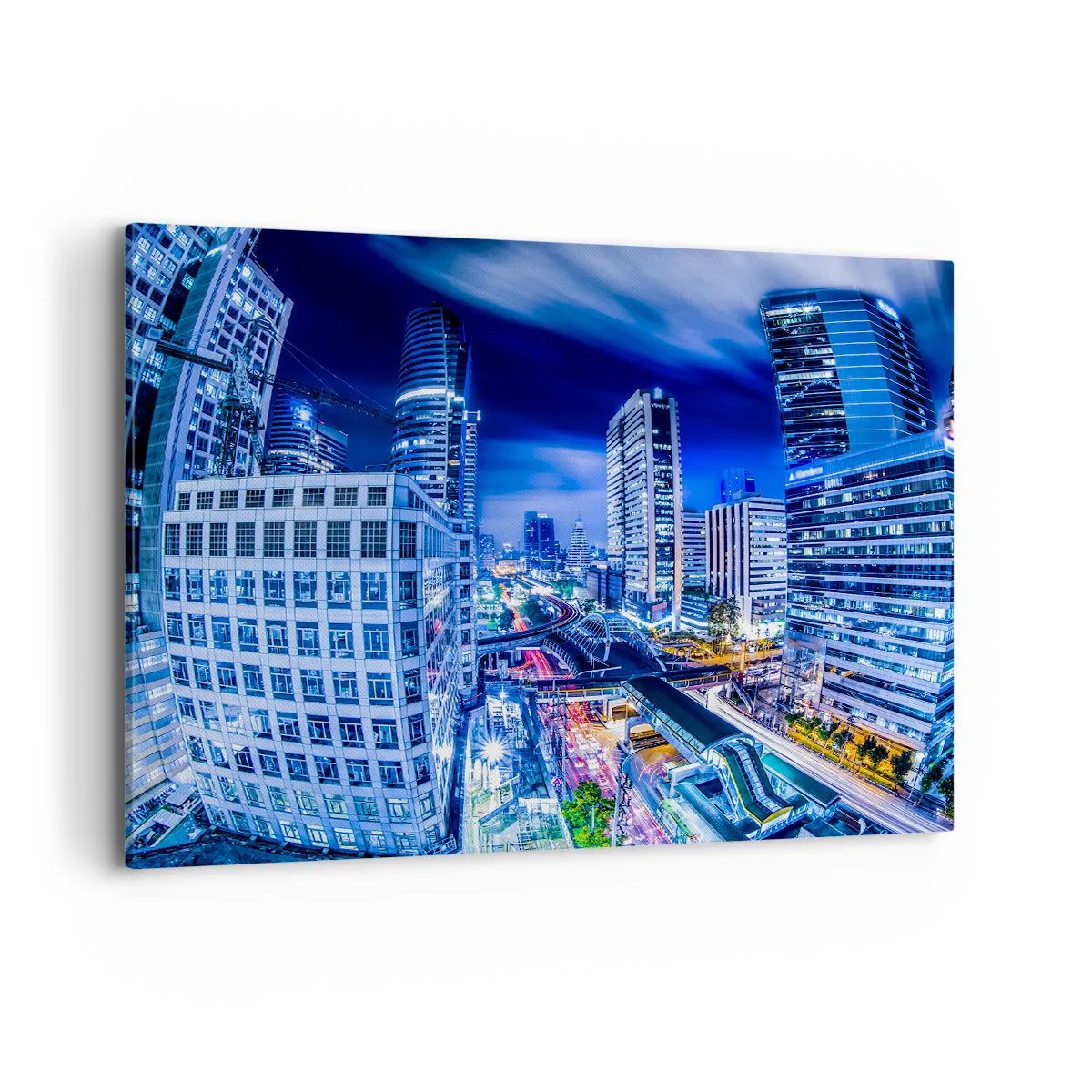 Quadro su tela - Stampe su Tela - Panorama notturno della città con grattacieli e lampioni - 100x70cm - Il ritmo notturno della città - Decorazione murale moderna per soggiorno e camera da letto ARTTOR
