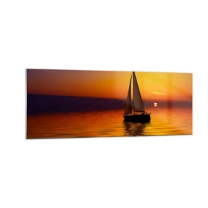 Quadro su vetro - Una barca a vela su un mare calmo al tramonto - 140x50cm - Che silenzio al tramonto... - Decorazione murale moderna per soggiorno e camera da letto ARTTOR