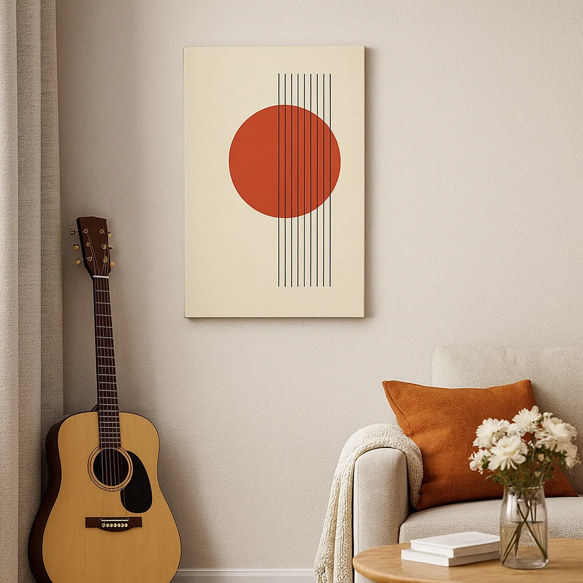 Quadro su tela - Stampe su Tela - Cerchio rosso astratto con linee su sfondo beige. - 50x70cm - Nel cerchio e oltre - Decorazione murale moderna per soggiorno e camera da letto ARTTOR