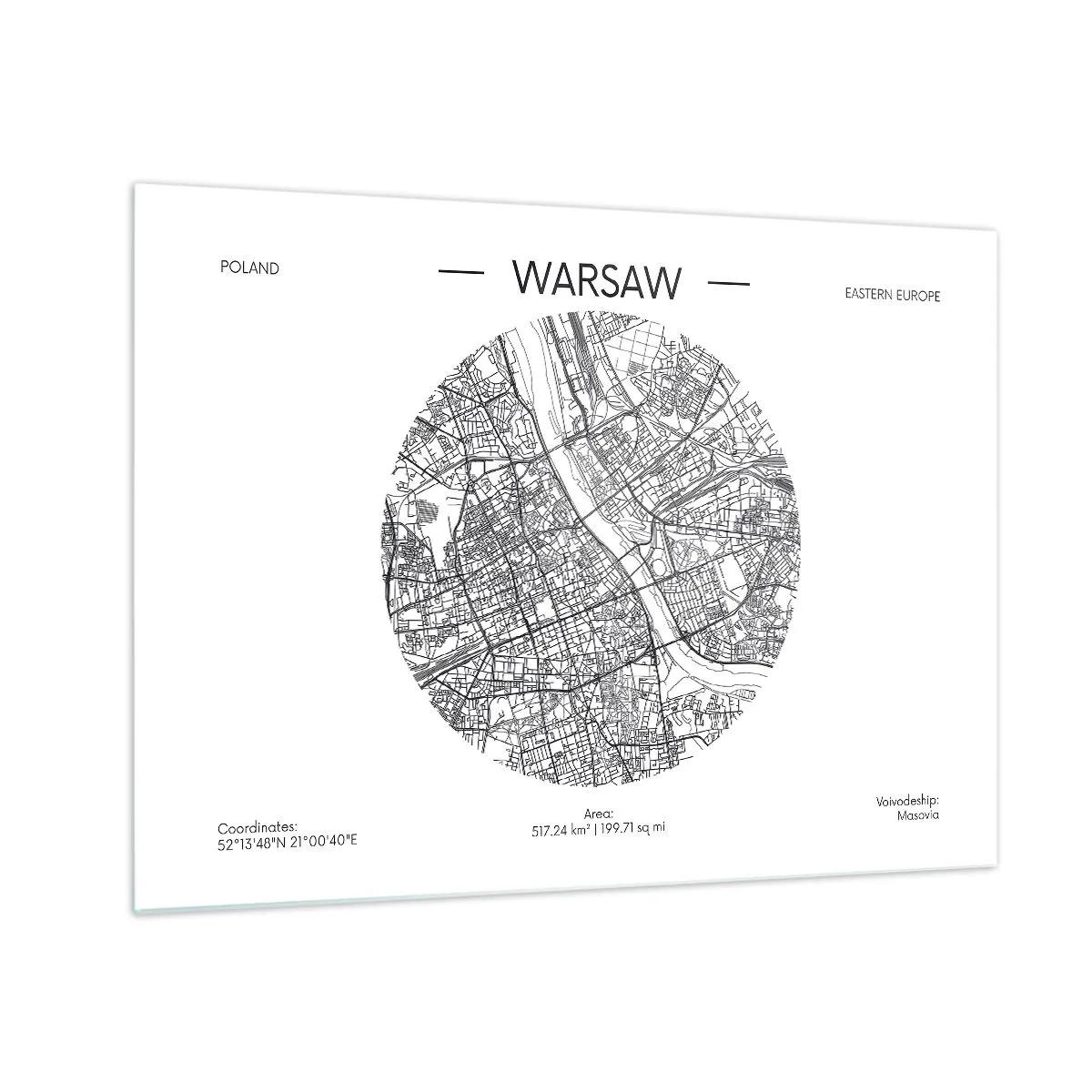 Quadro su vetro - Mappa di Varsavia sotto forma di illustrazione grafica - 70x50cm - Anatomia di Varsavia - Decorazione murale moderna per soggiorno e camera da letto ARTTOR