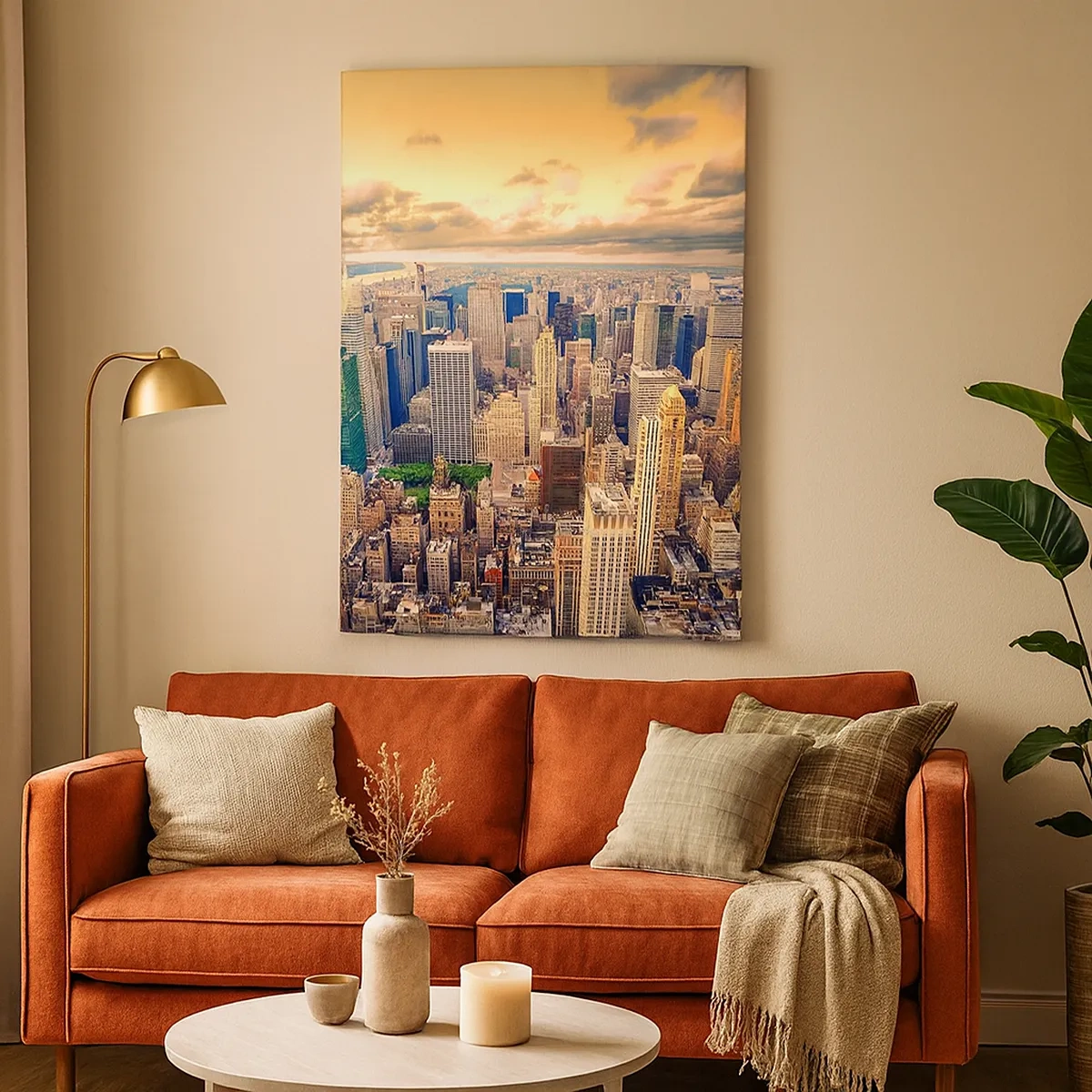 Quadro su tela - Stampe su Tela - Panorama della città con vista sui grattacieli al tramonto - 50x70cm - Metropolis dorata - Decorazione murale moderna per soggiorno e camera da letto ARTTOR