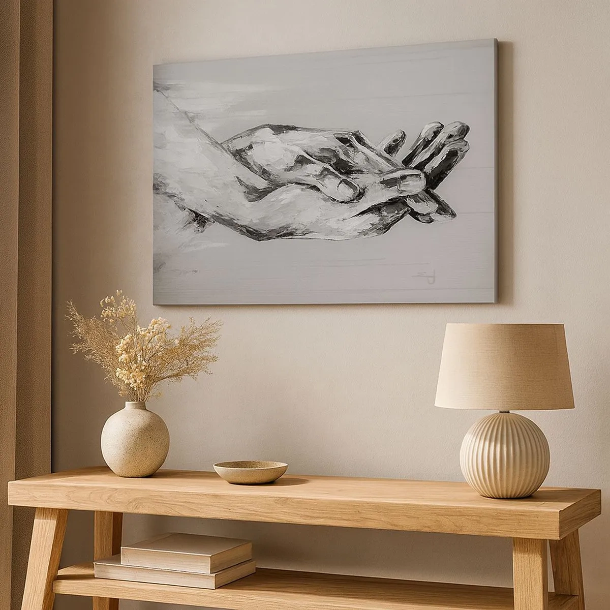 Quadro su tela - Stampe su Tela - Composizione in bianco e nero di due mani giunte su uno sfondo chiaro. - 70x50cm - Inizio... - Decorazione murale moderna per soggiorno e camera da letto ARTTOR