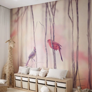 Fotomurali Premium Canvas - Il racconto del bosco rosa - Uccello, Natura, foresta - 300x210 cm