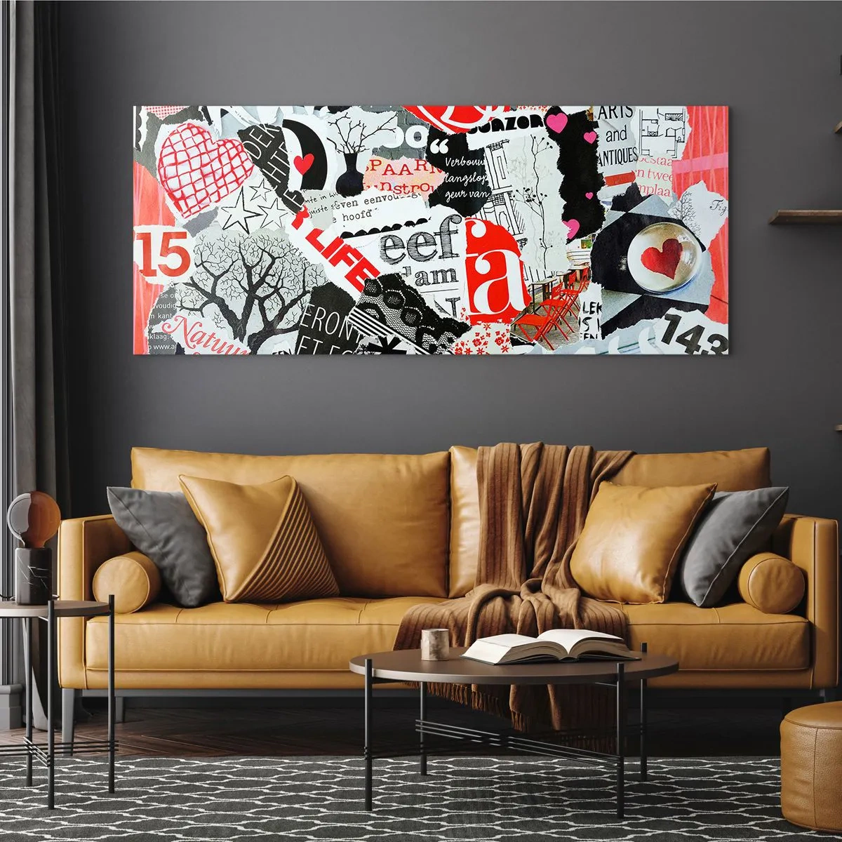 Quadro su vetro - Un collage colorato con iscrizioni, cuori e grafiche. - 120x50cm - Collage hipster - Decorazione murale moderna per soggiorno e camera da letto ARTTOR
