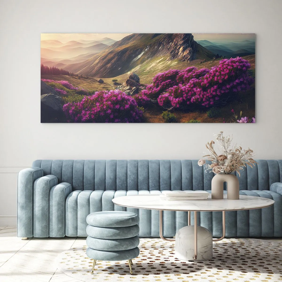Quadro su vetro - Paesaggio montano con rododendri in fiore - 120x50cm - L'estate sui monti - Decorazione murale moderna per soggiorno e camera da letto ARTTOR